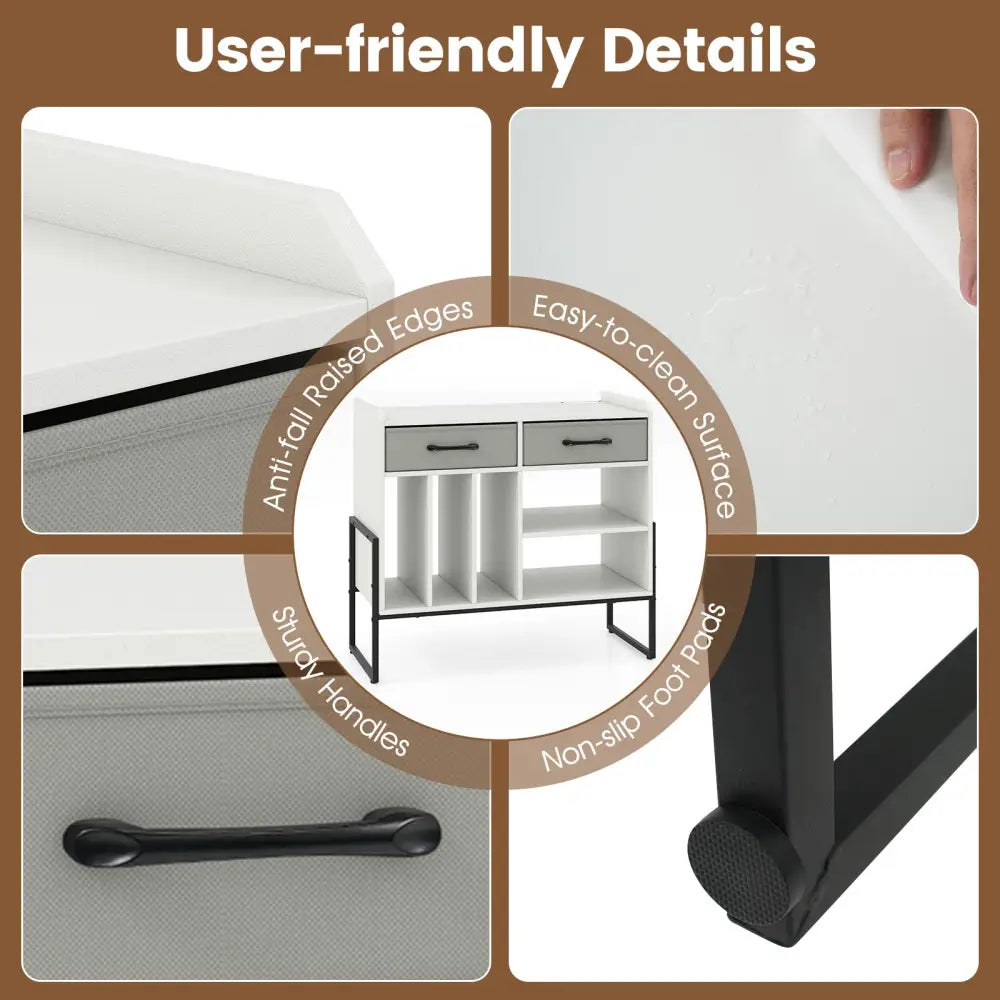 Large Record Player Stand with Charging Station Mid Century Modern Vinyl Storage Cabinet-White - White - End & Side