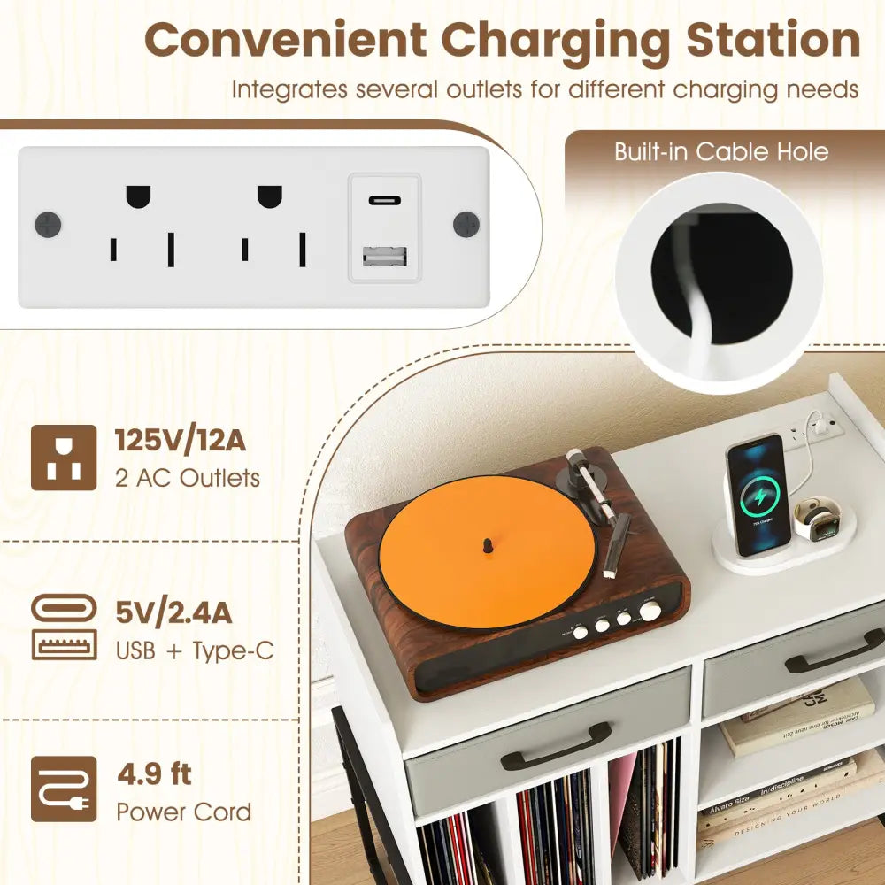 Large Record Player Stand with Charging Station Mid Century Modern Vinyl Storage Cabinet-White - White - End & Side