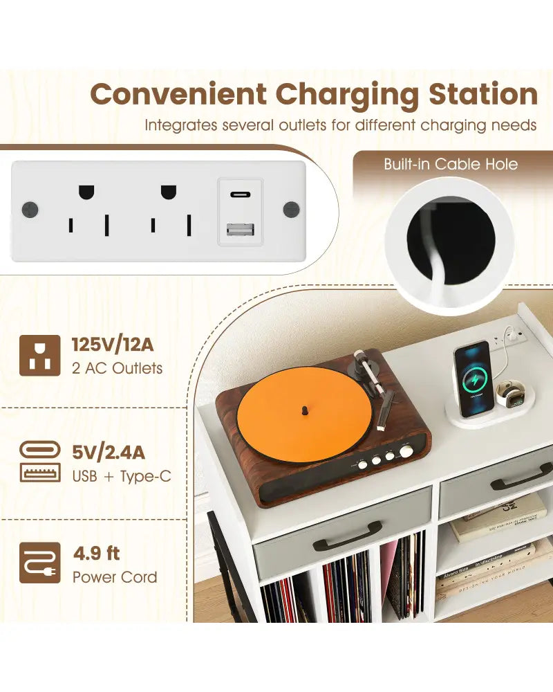 Large Record Player Stand with Charging Station Mid Century Modern Vinyl Storage Cabinet-White - White - End & Side