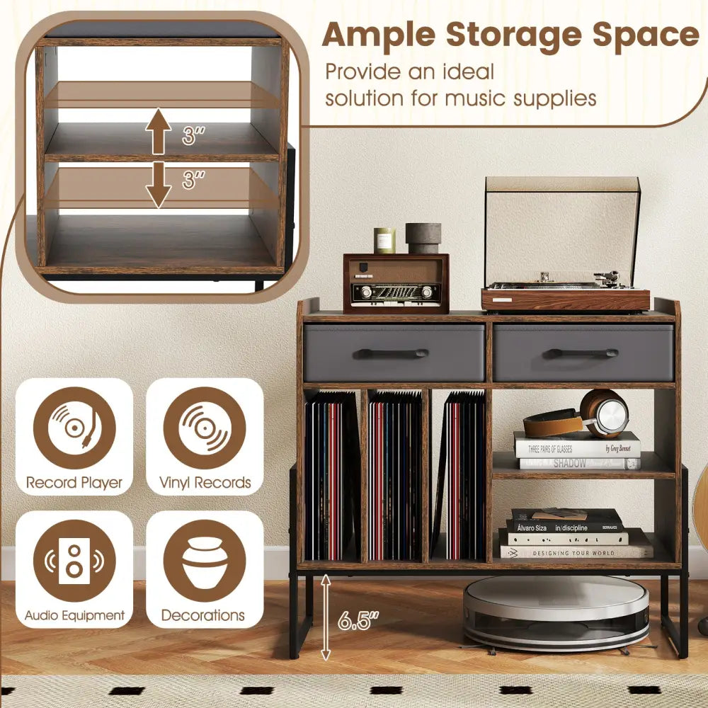 Large Record Player Stand with Charging Station Mid Century Modern Vinyl Storage Cabinet-Rustic Brown - Rustic Brown