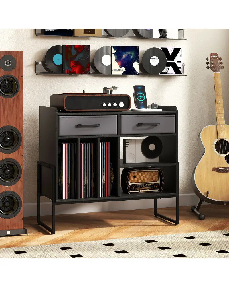 Large Record Player Stand with Charging Station Mid Century Modern Vinyl Storage Cabinet-Black - Black - End & Side