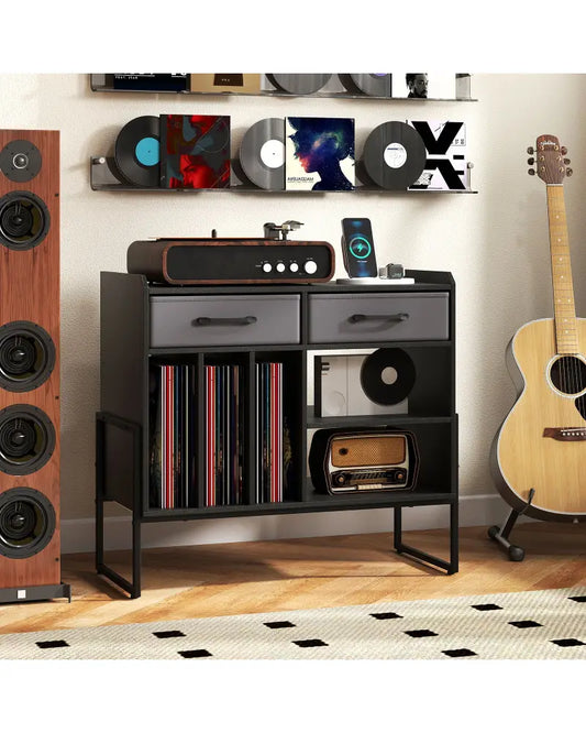 Large Record Player Stand with Charging Station Mid Century Modern Vinyl Storage Cabinet-Black - Black - End & Side