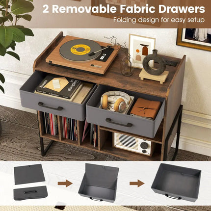 Large Record Player Stand with Charging Station Mid Century Modern Vinyl Storage Cabinet-Rustic Brown - Rustic Brown
