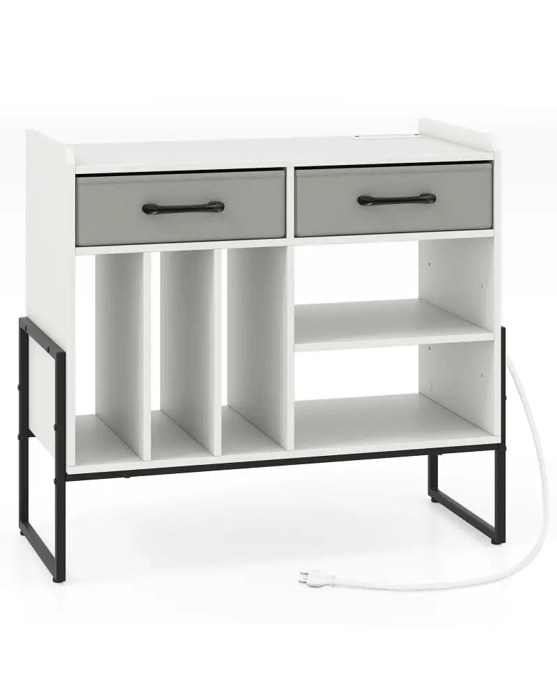Large Record Player Stand with Charging Station Mid Century Modern Vinyl Storage Cabinet-White - White - End & Side