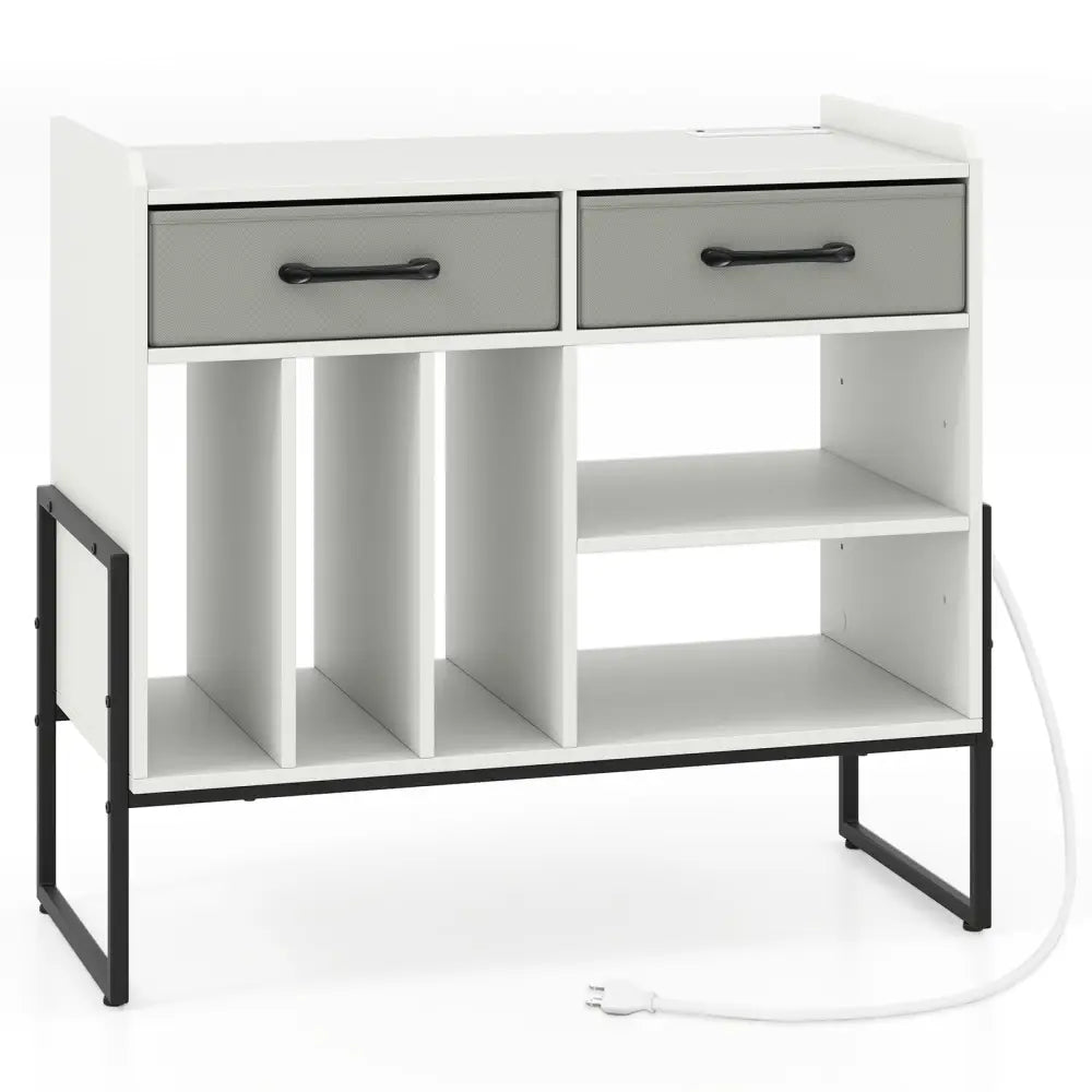 Large Record Player Stand with Charging Station Mid Century Modern Vinyl Storage Cabinet-White - White - End & Side