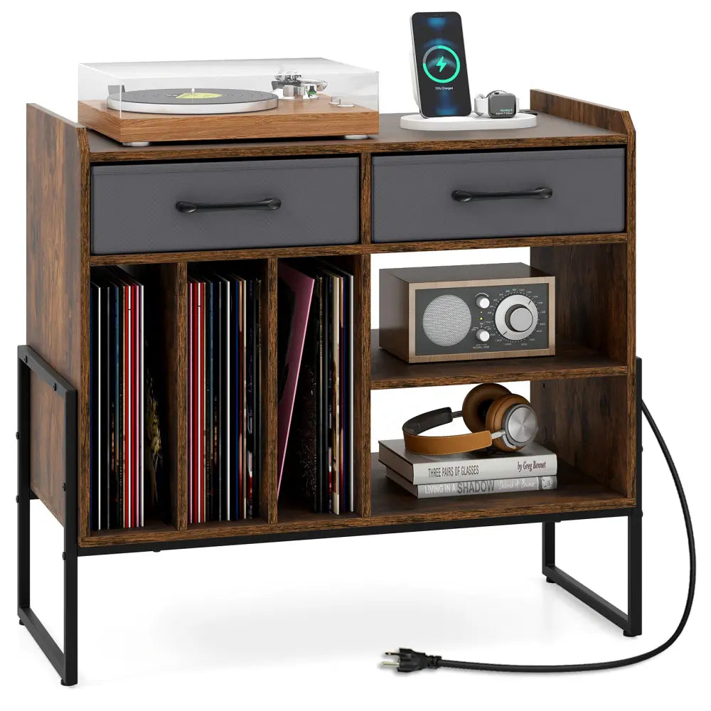 Large Record Player Stand with Charging Station Mid Century Modern Vinyl Storage Cabinet-Rustic Brown - Rustic Brown