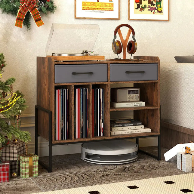 Large Record Player Stand with Charging Station Mid Century Modern Vinyl Storage Cabinet-Rustic Brown - Rustic Brown