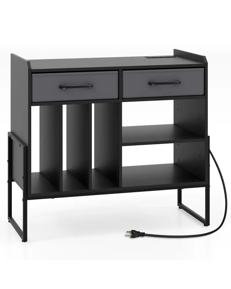 Large Record Player Stand with Charging Station Mid Century Modern Vinyl Storage Cabinet-Black - Black - End & Side