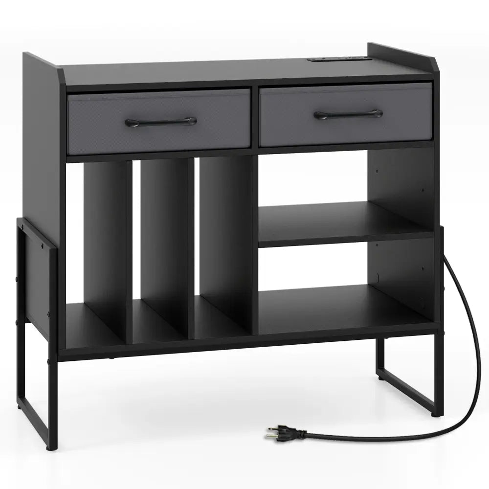 Large Record Player Stand with Charging Station Mid Century Modern Vinyl Storage Cabinet-Black - Black - End & Side