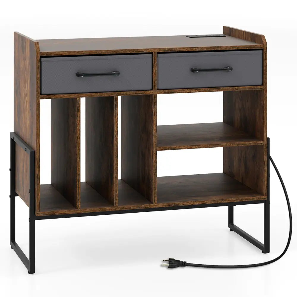 Large Record Player Stand with Charging Station Mid Century Modern Vinyl Storage Cabinet-Rustic Brown - Rustic Brown