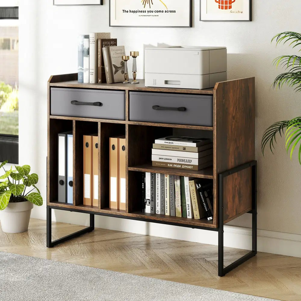 Large Record Player Stand with Charging Station Mid Century Modern Vinyl Storage Cabinet-Rustic Brown - Rustic Brown