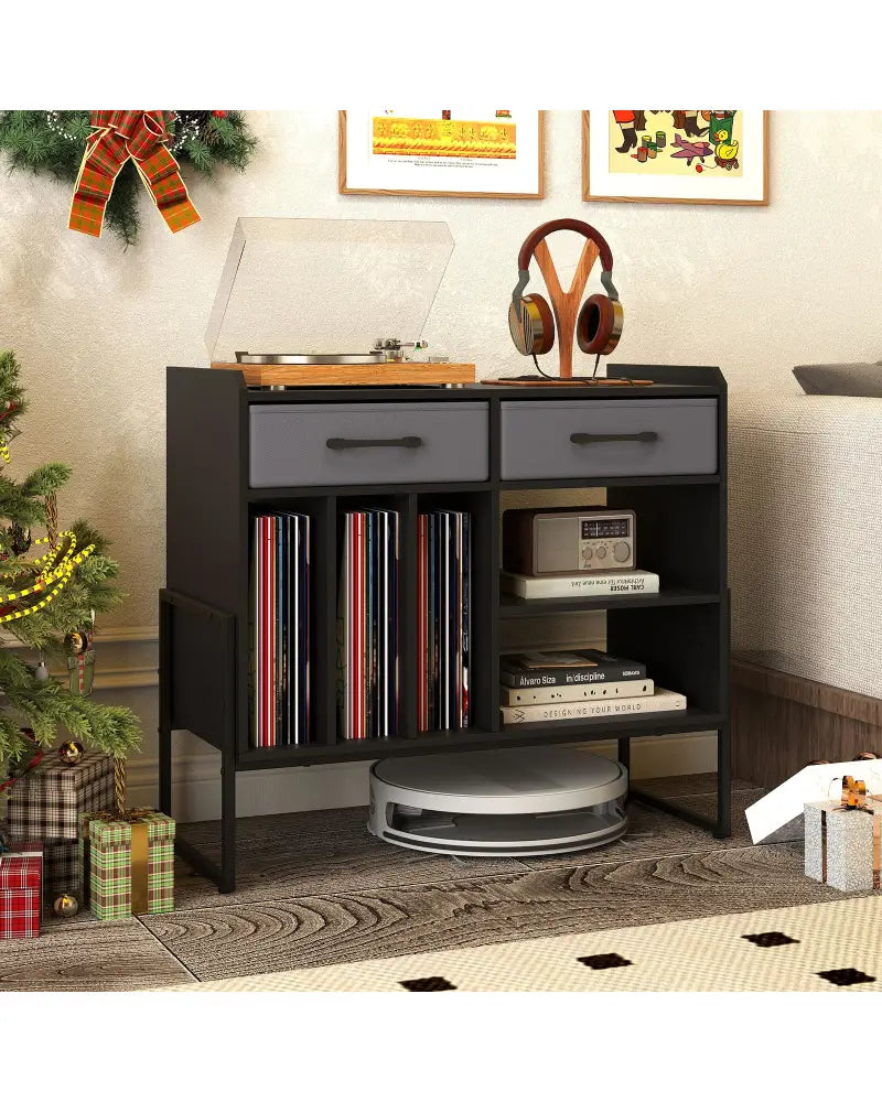 Large Record Player Stand with Charging Station Mid Century Modern Vinyl Storage Cabinet-Black - Black - End & Side