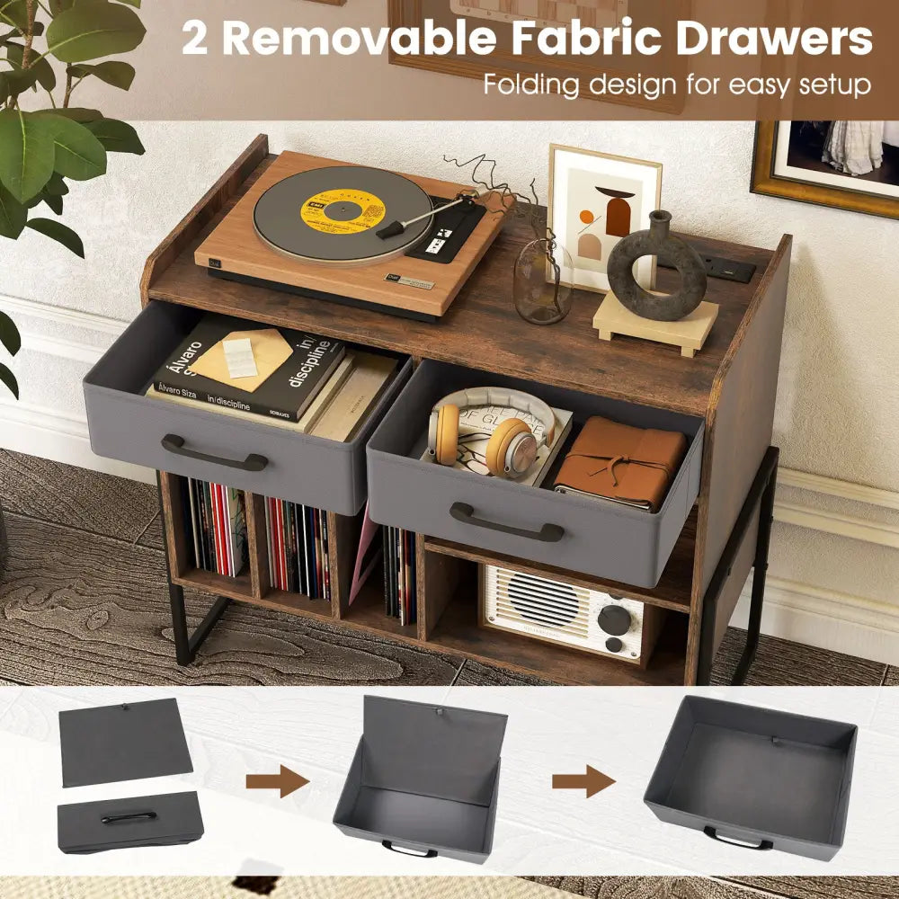 Large Record Player Stand with Charging Station Mid Century Modern Vinyl Storage Cabinet-Rustic Brown - Rustic Brown