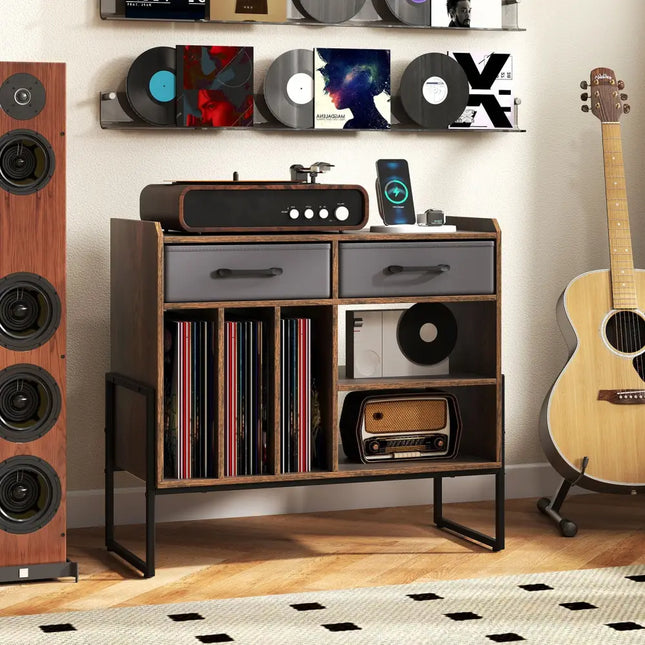 Large Record Player Stand with Charging Station Mid Century Modern Vinyl Storage Cabinet-Rustic Brown - Rustic Brown