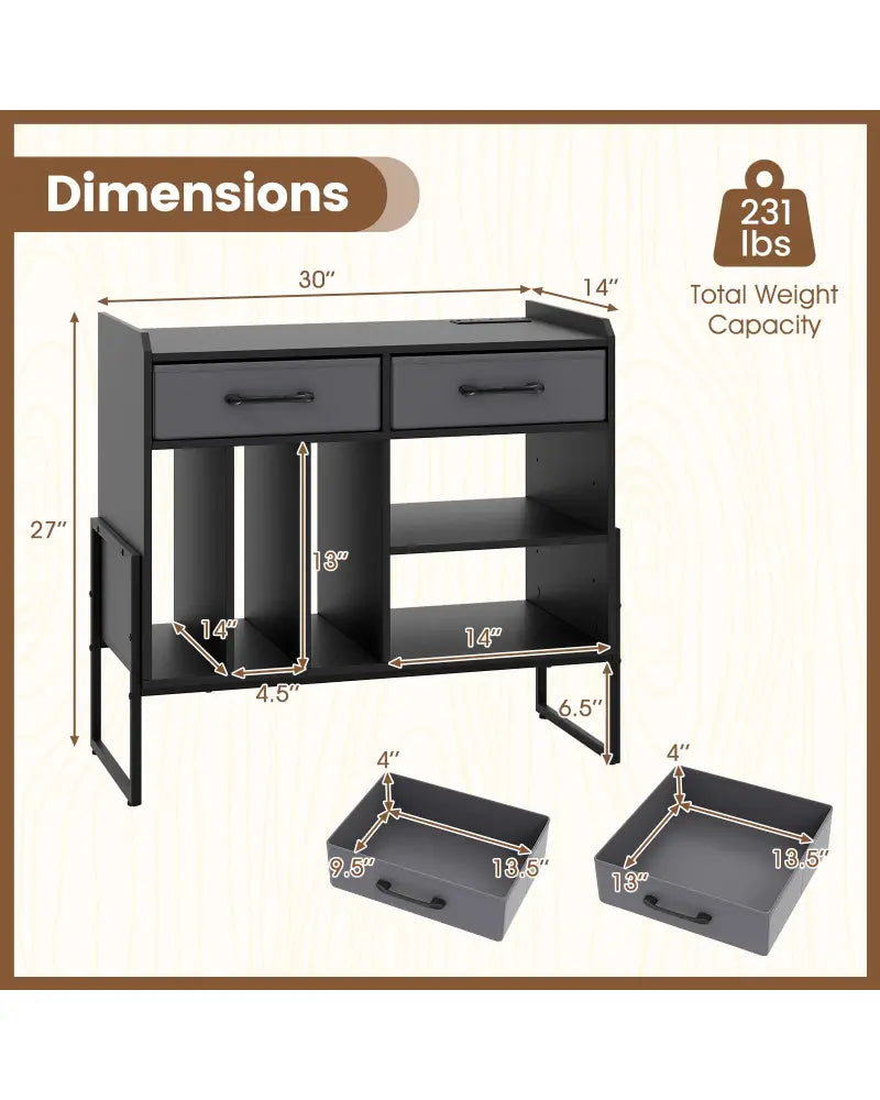 Large Record Player Stand with Charging Station Mid Century Modern Vinyl Storage Cabinet-Black - Black - End & Side
