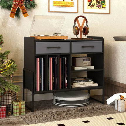 Large Record Player Stand with Charging Station Mid Century Modern Vinyl Storage Cabinet-Black - Black - End & Side