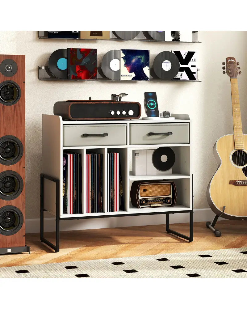 Large Record Player Stand with Charging Station Mid Century Modern Vinyl Storage Cabinet-White - White - End & Side