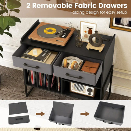 Large Record Player Stand with Charging Station Mid Century Modern Vinyl Storage Cabinet-Black - Black - End & Side