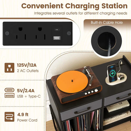 Large Record Player Stand with Charging Station Mid Century Modern Vinyl Storage Cabinet-Black - Black - End & Side