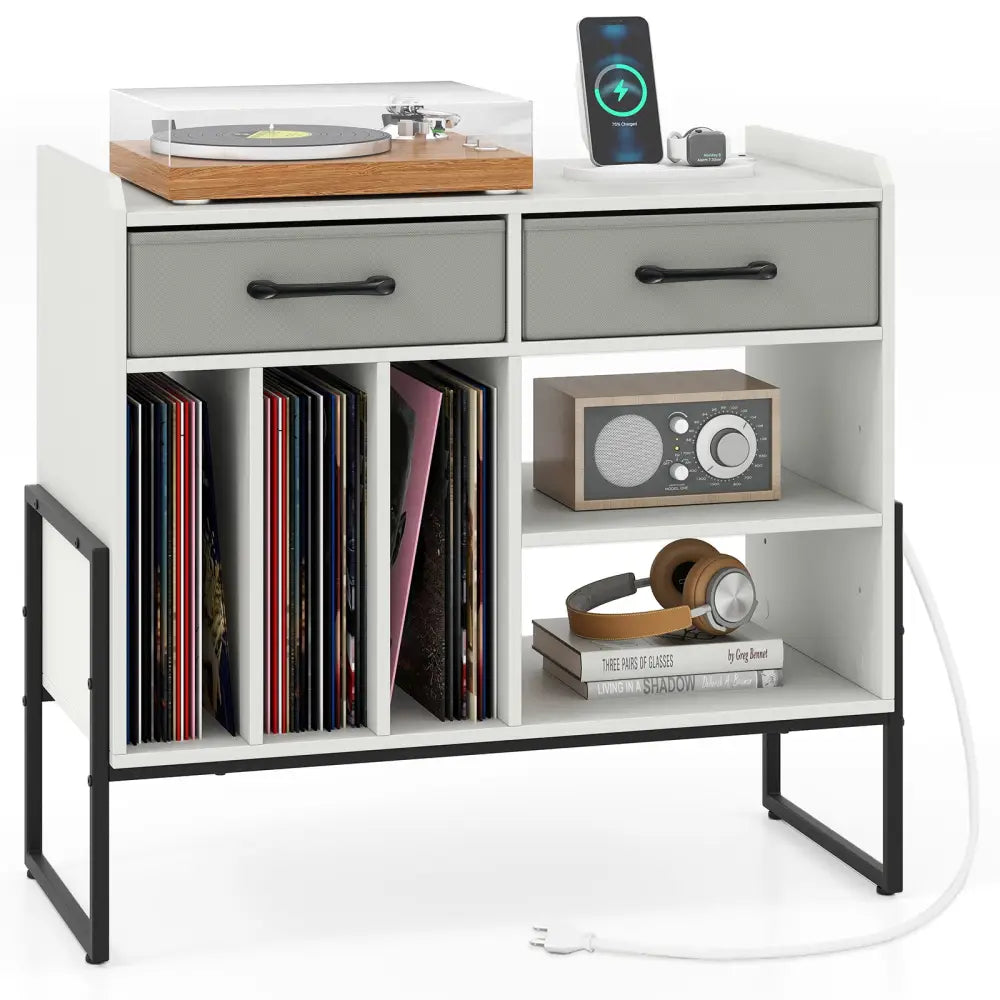 Large Record Player Stand with Charging Station Mid Century Modern Vinyl Storage Cabinet-White - White - End & Side