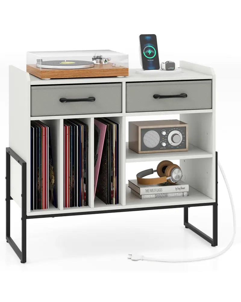Large Record Player Stand with Charging Station Mid Century Modern Vinyl Storage Cabinet-White - White - End & Side