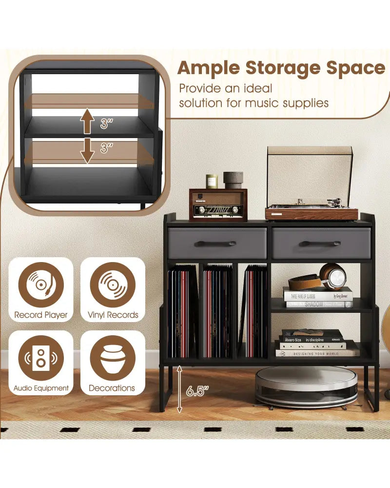 Large Record Player Stand with Charging Station Mid Century Modern Vinyl Storage Cabinet-Black - Black - End & Side