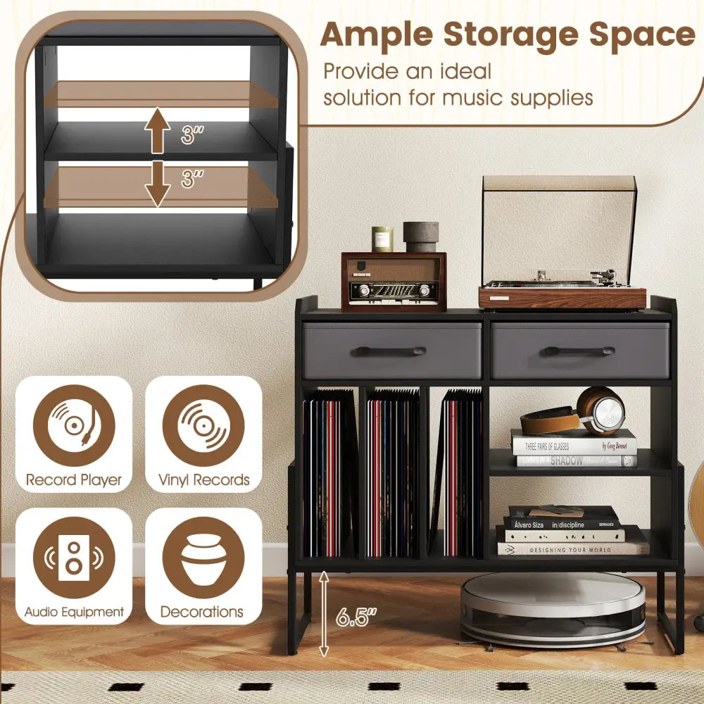 Large Record Player Stand with Charging Station Mid Century Modern Vinyl Storage Cabinet-Black - Black - End & Side