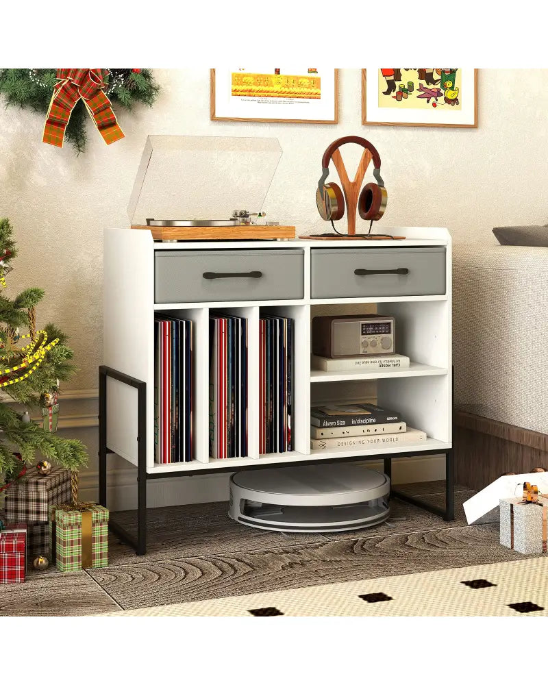 Large Record Player Stand with Charging Station Mid Century Modern Vinyl Storage Cabinet-White - White - End & Side