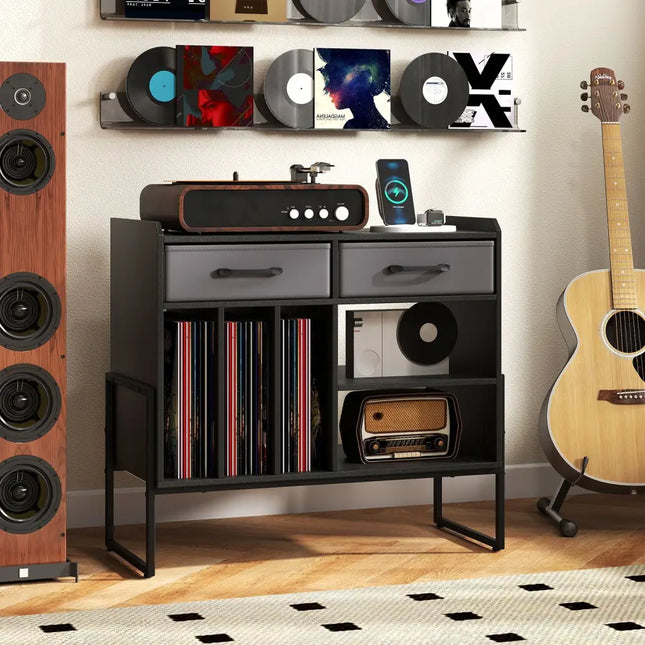 Large Record Player Stand with Charging Station Mid Century Modern Vinyl Storage Cabinet-Black - Black - End & Side