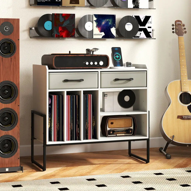 Large Record Player Stand with Charging Station Mid Century Modern Vinyl Storage Cabinet-White - White - End & Side