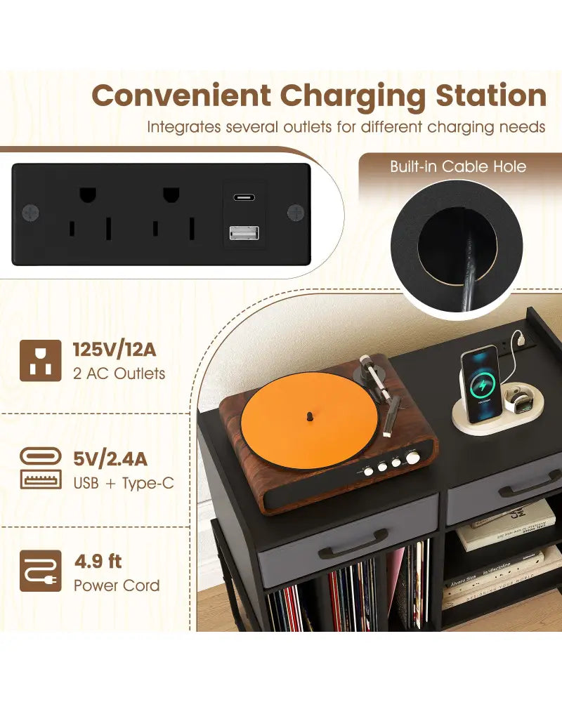Large Record Player Stand with Charging Station Mid Century Modern Vinyl Storage Cabinet-Black - Black - End & Side