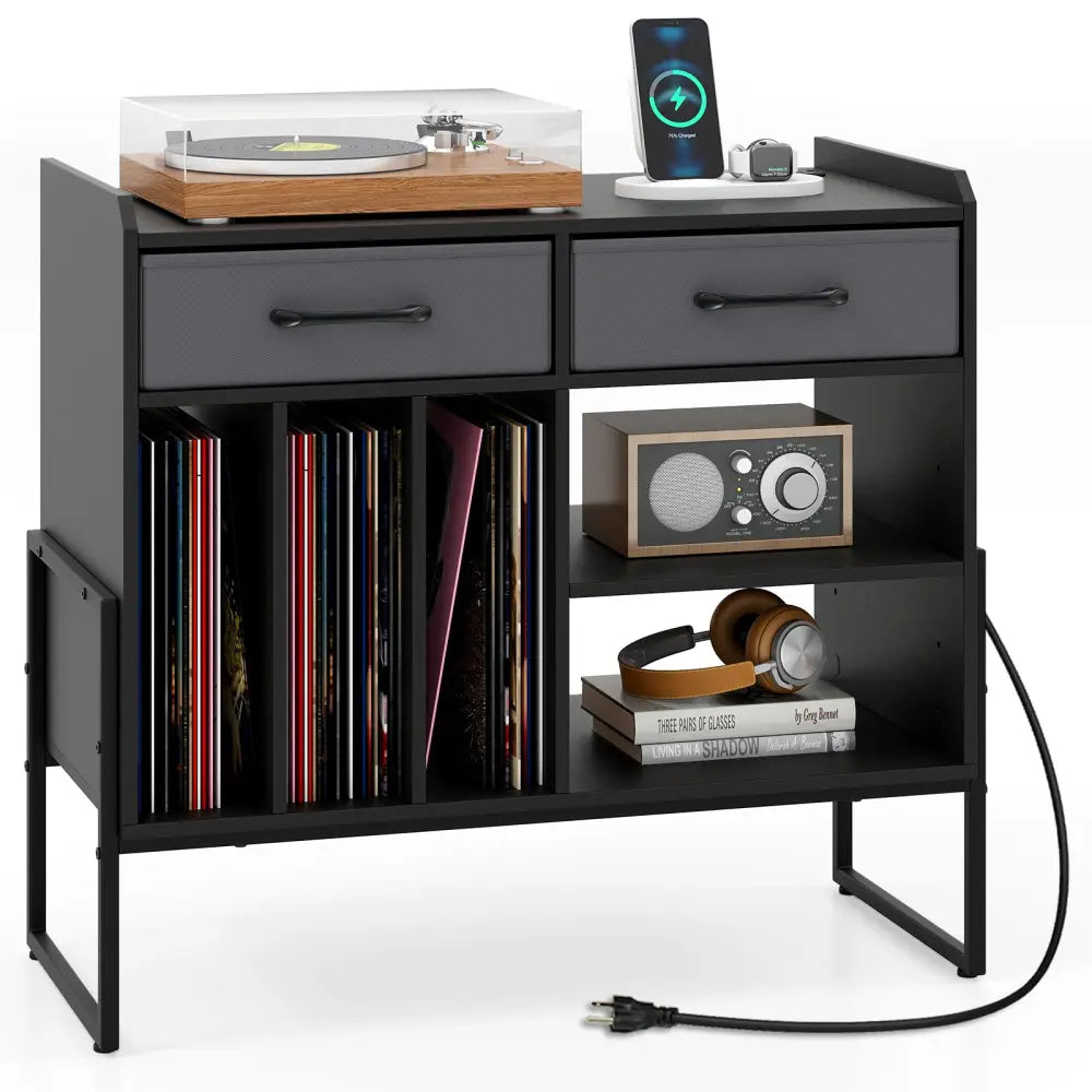 Large Record Player Stand with Charging Station Mid Century Modern Vinyl Storage Cabinet-Black - Black - End & Side