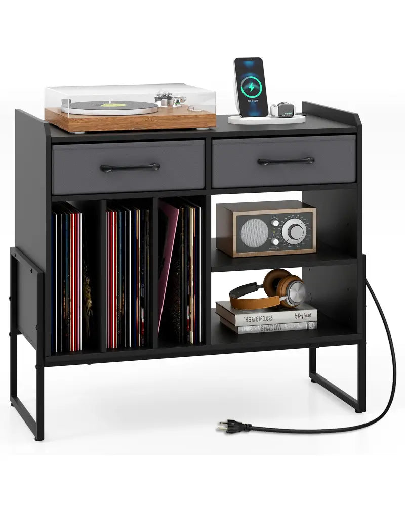 Large Record Player Stand with Charging Station Mid Century Modern Vinyl Storage Cabinet-Black - Black - End & Side