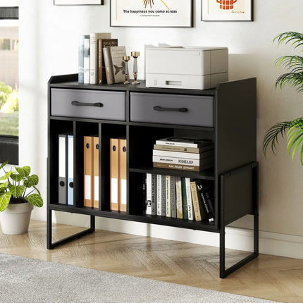 Large Record Player Stand with Charging Station Mid Century Modern Vinyl Storage Cabinet-Black - Black - End & Side