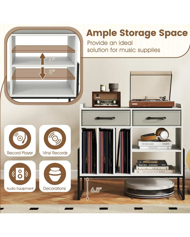 Large Record Player Stand with Charging Station Mid Century Modern Vinyl Storage Cabinet-White - White - End & Side