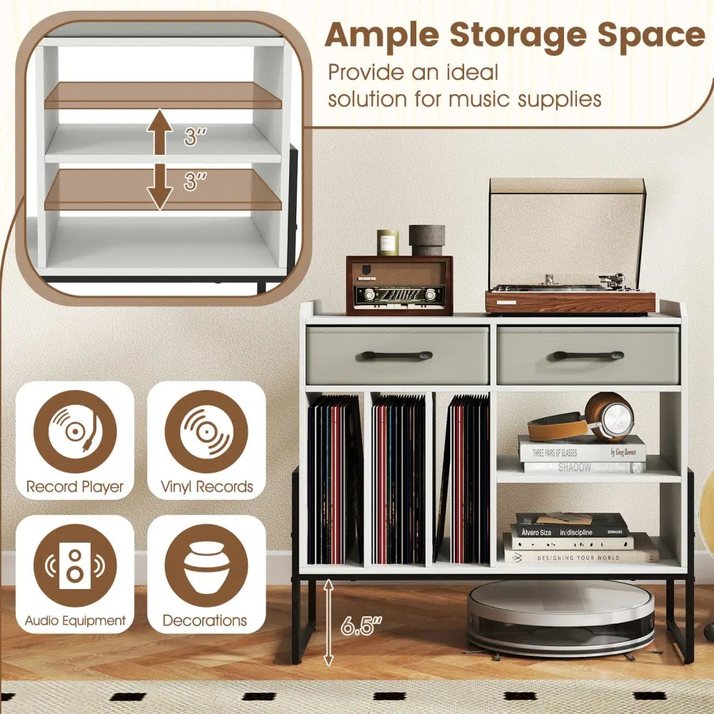Large Record Player Stand with Charging Station Mid Century Modern Vinyl Storage Cabinet-White - White - End & Side