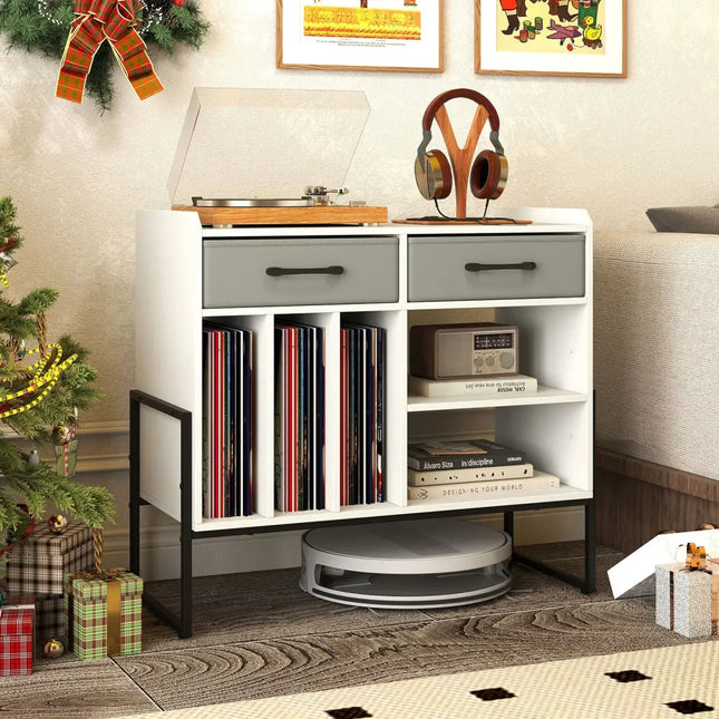 Large Record Player Stand with Charging Station Mid Century Modern Vinyl Storage Cabinet-White - White - End & Side