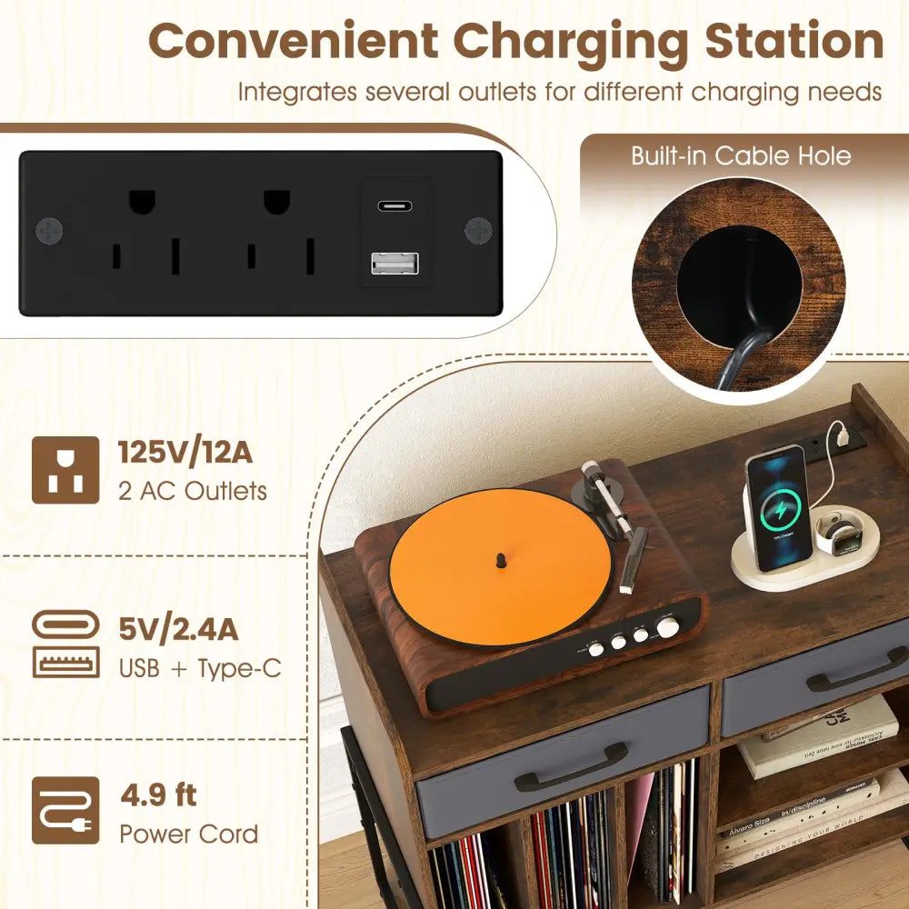 Large Record Player Stand with Charging Station Mid Century Modern Vinyl Storage Cabinet-Rustic Brown - Rustic Brown