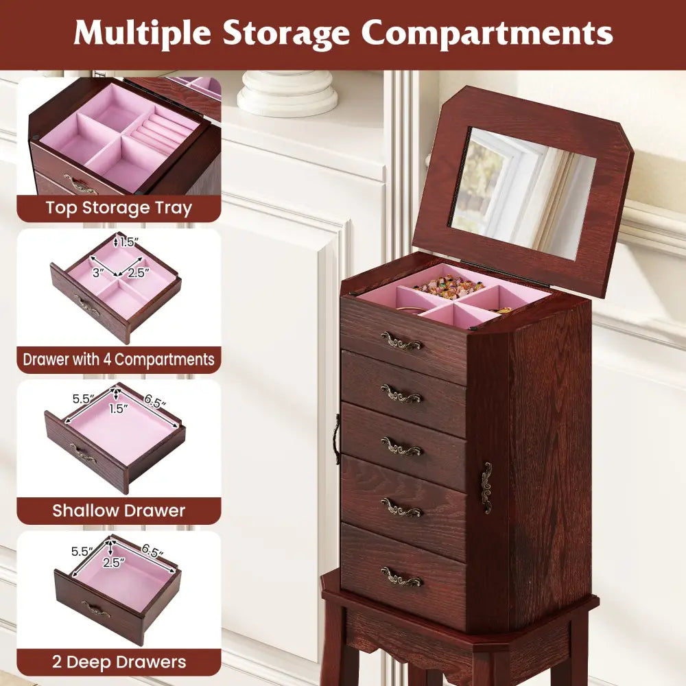 Large Storage Capacity Jewelry Cabinet with 5 Drawers-Walnut - Walnut - Jewelry Armoires