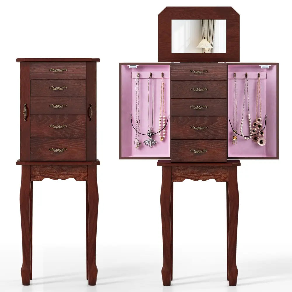 Large Storage Capacity Jewelry Cabinet with 5 Drawers-Walnut - Walnut - Jewelry Armoires