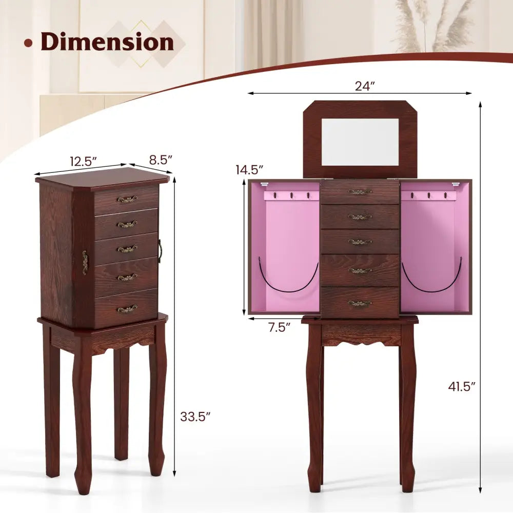 Large Storage Capacity Jewelry Cabinet with 5 Drawers-Walnut - Walnut - Jewelry Armoires