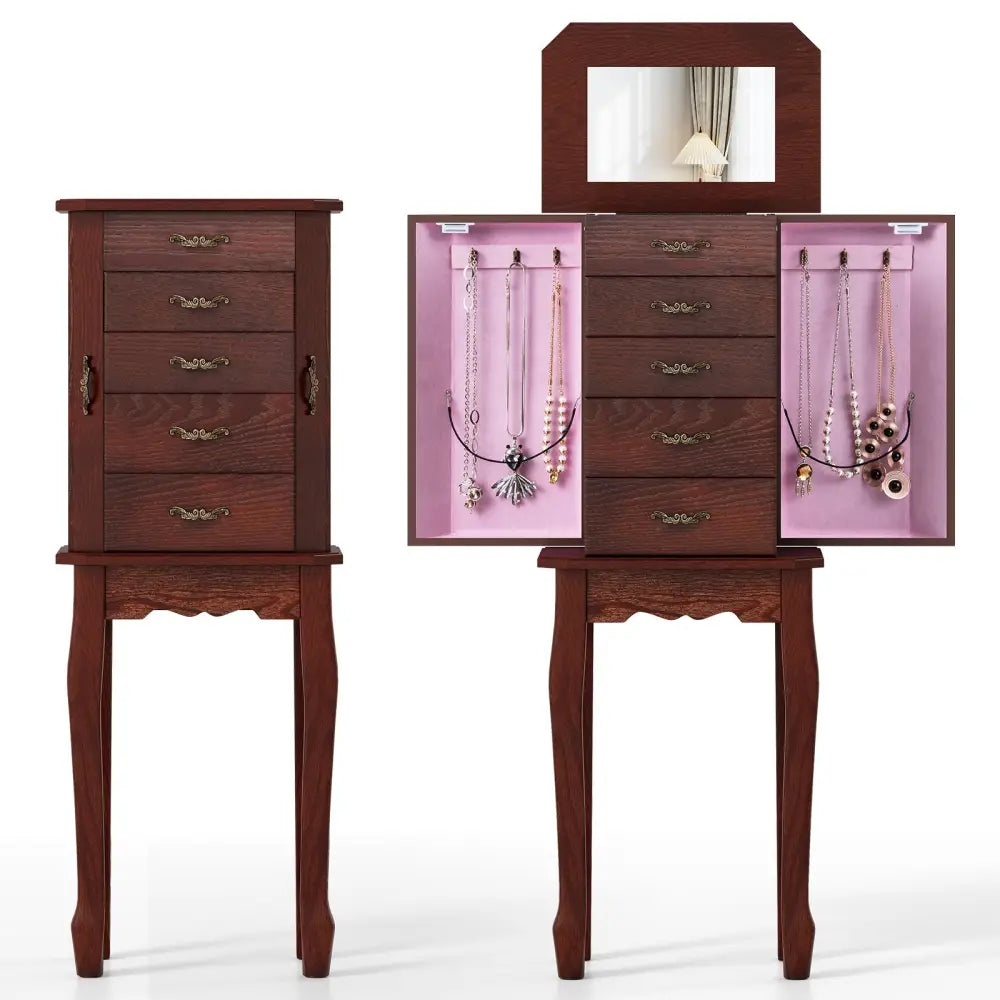 Large Storage Capacity Jewelry Cabinet with 5 Drawers-Walnut - Walnut - Jewelry Armoires