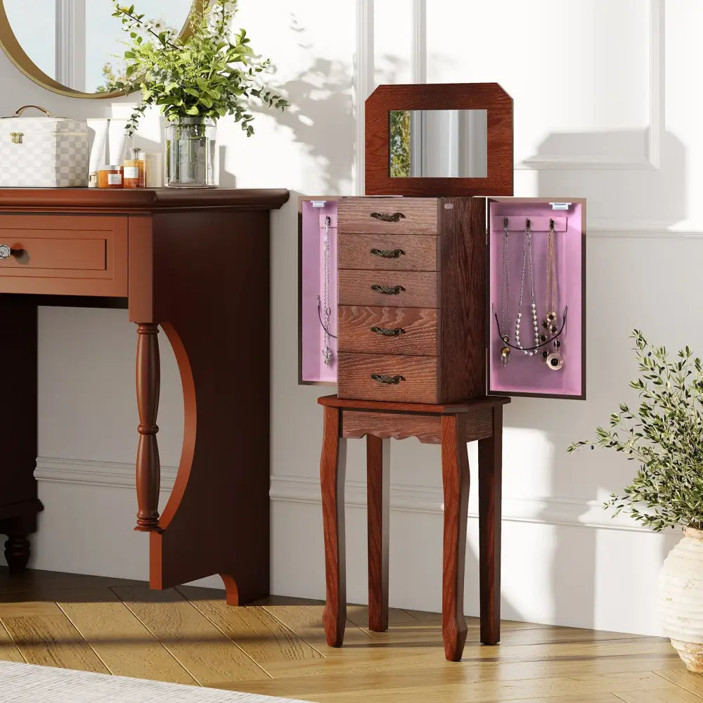 Large Storage Capacity Jewelry Cabinet with 5 Drawers-Walnut - Walnut - Jewelry Armoires