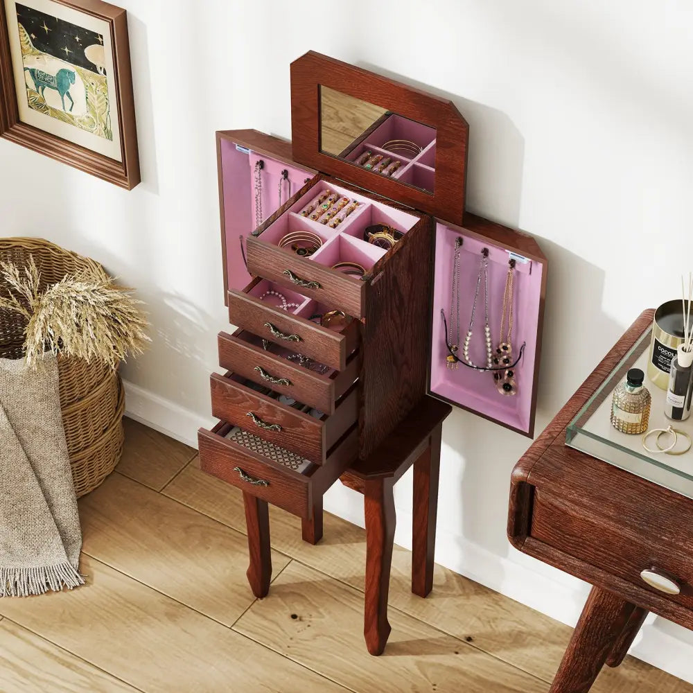 Large Storage Capacity Jewelry Cabinet with 5 Drawers-Walnut - Walnut - Jewelry Armoires