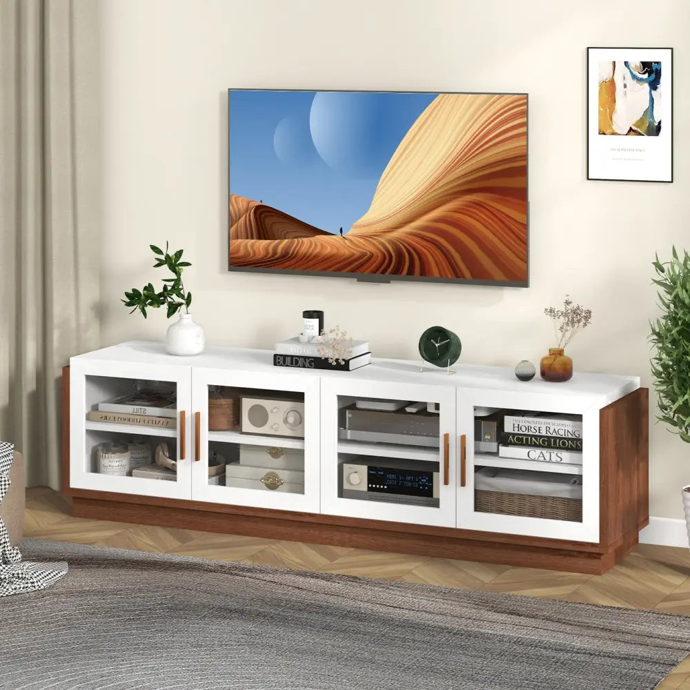 Large TV Stand for TVs up to 75 Inch with 4 Tempered Glass Doors for Living Room-White - White - Entertainment Centers