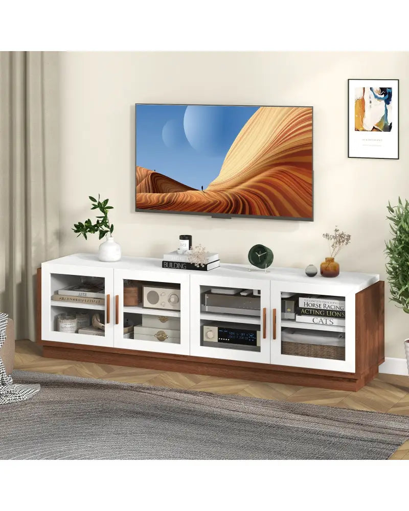Large TV Stand for TVs up to 75 Inch with 4 Tempered Glass Doors for Living Room-White - White - Entertainment Centers