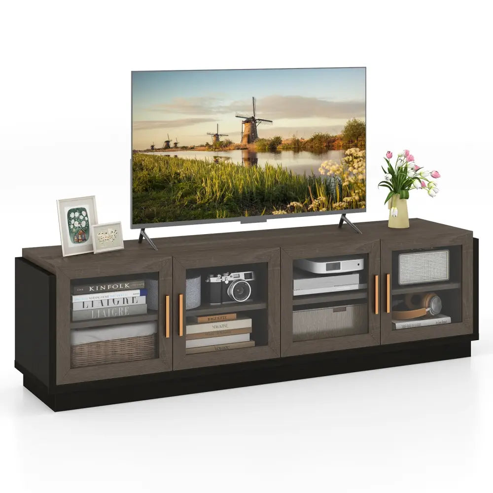 Large TV Stand for TVs up to 75 Inch with 4 Tempered Glass Doors for Living Room-Gray - Gray - Entertainment Centers &