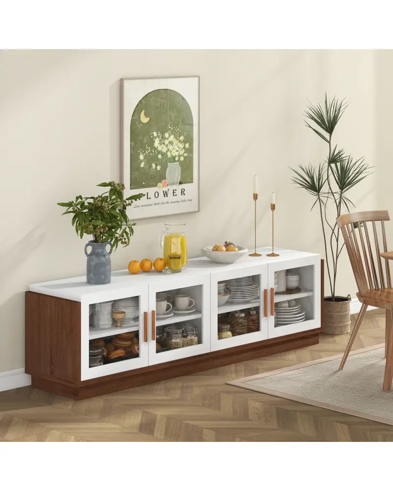 Large TV Stand for TVs up to 75 Inch with 4 Tempered Glass Doors for Living Room-White - White - Entertainment Centers