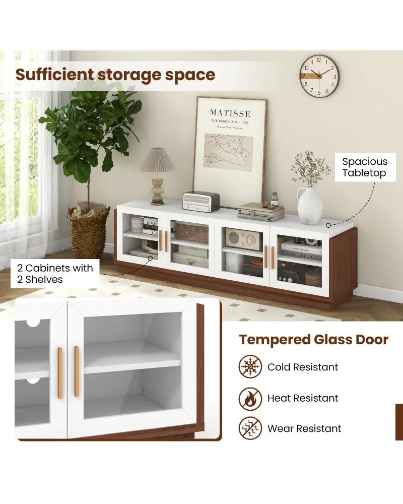 Large TV Stand for TVs up to 75 Inch with 4 Tempered Glass Doors for Living Room-White - White - Entertainment Centers
