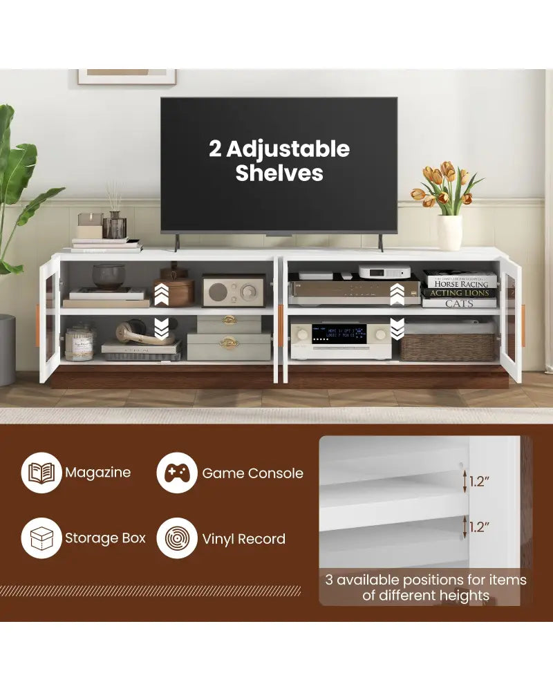 Large TV Stand for TVs up to 75 Inch with 4 Tempered Glass Doors for Living Room-White - White - Entertainment Centers